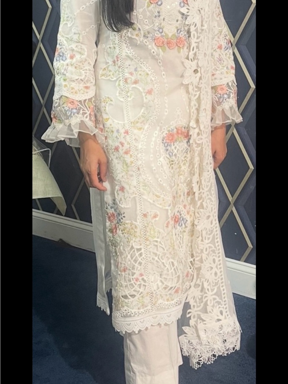 Women's Asymmetrical White Embroidered Dress with Floral Accents